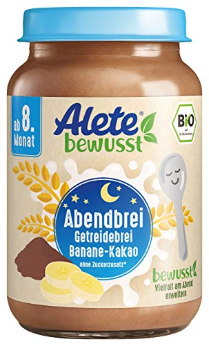Alete bewusst BIO-Abendbrei Getreidebrei Banane-Kakao, ab dem 8. Monat, Babybrei mit Kakaopulver & Banane zum Löffeln, Bio Babynahrung aus dem Glas, 6 x 190 g