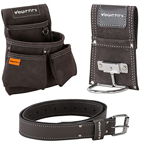 WrightFits Leather Tool Belt Pouch with Multi Pockets | Hammer Loop Drill Holster Work Tool Organiser & Storage with Belt | Adjustable Waist for Carpenters, Gardeners, Builders, Electricians