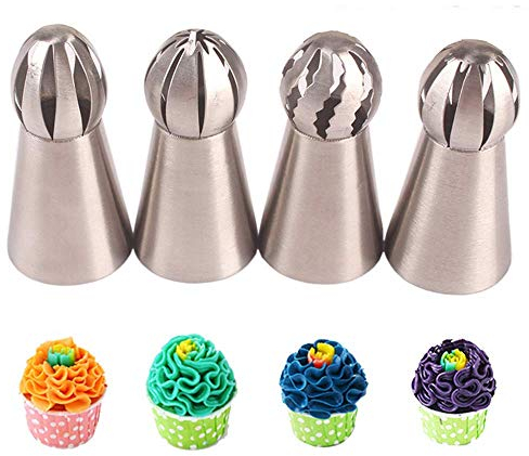 4PCS Russian Piping Tips Stainless Steel Piping Ball Tips Frosting Icing Piping Nozzles Cake Decorating Tips Set for DIY Baking Cake Decorating Supplies