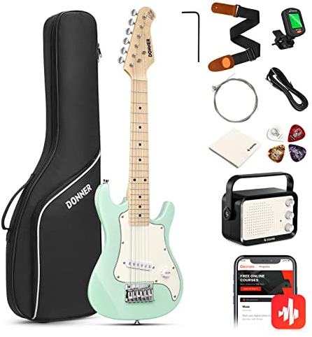 Donner E-Gitarre Set Anfänger Junior Kit ST-Stil 30 Zoll Mini Gitarren Premium Bundle mit Verstärker, Stimmgerät, Kapodaster, Tasche, Gurt, Saite, Kabel (DSJ-100, Mint-Grün)
