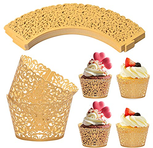 Chstarina 50 Pezzi Pirottini per Cupcake, Involucri di Carta per Cupcake in Filigrana di Pizzo, Wrapper di Decorazioni per Torte Cupcake Muffin per Matrimoni, Compleanno, Feste (Oro)