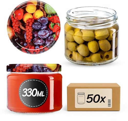 KADAX Lot de 50 bocaux à confiture avec couvercle à visser - 330 ml - Bocaux de conservation pour confitures, confitures, miel - Avec couvercle à visser (fruits)