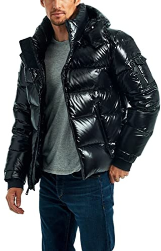 sunongvt Shiny Down Jacket for Men,Winter Waterproof Hooded Full Zip Warm Puffer Jacket Windproof Stand Collar Casual Coat,Black,S