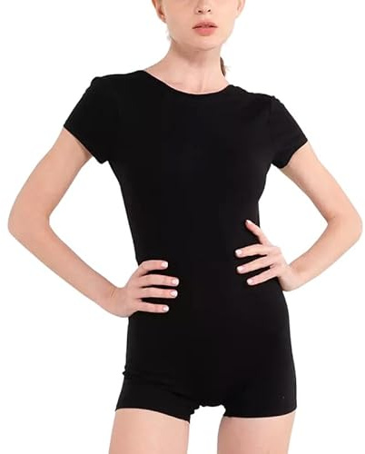 Prime fashions Girls Shiny Lycra Short Sleeve Unitard Bodysuit Dance/Gymnastics/Swim Leotard (Black, 13-14 Years)