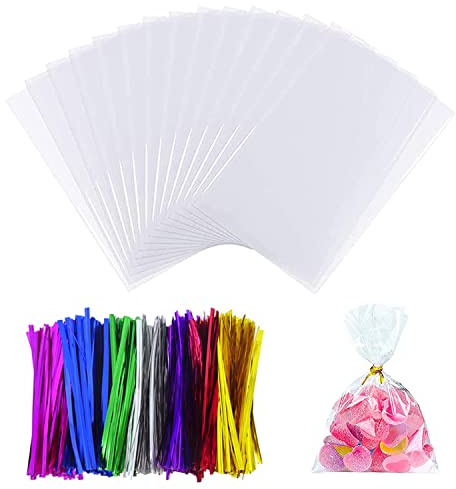 Paquete de 50 bolsas de celofán con 50 lazos de colores mezclados, bolsas de celofán transparentes, bolsas dulces transparentes para embalaje de dulces (6,7 x 4,7 pulgadas)