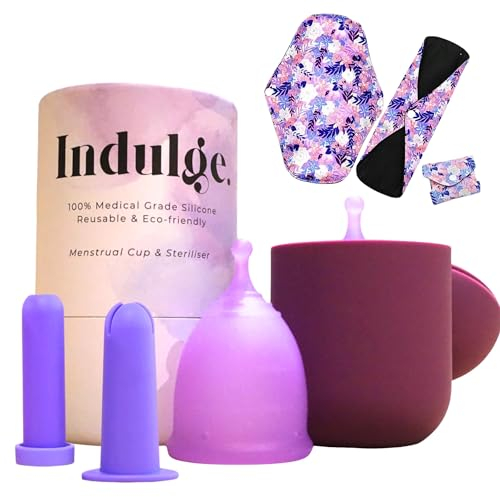 Indulge 5 PCS Reusable Menstrual Cup Set – Silicone Period Cup, Microwave Steriliser, Water Based Lube, Panty Liners, Eco-Friendly Alternative to Tampons & Sanitary Towels, Medium, Pack of 1, Purple
