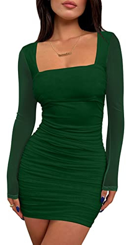 BORIFLORS Women's Sexy Ruched Bodycon Mini Dress Mesh Long Sleeve Club Party Short Dresses, X-Small, Dark Green