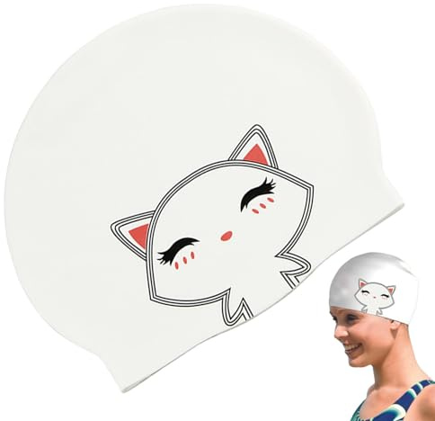 Cuffia da bagno per capelli lunghi, motivo gatto, cuffia da bagno in silicone impermeabile - Cuffia da bagno antiscivolo con protezione per le orecchie, cuffia da bagno flessibile per donne, uomini