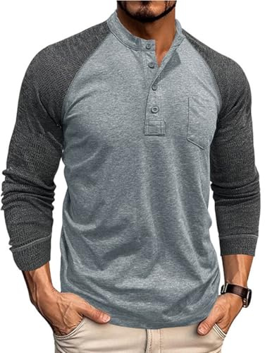 RQPYQF Maglietta da Uomo Manica Lunghe Henley T-Shirt Casuale Maglie a Manica Lunga Leggera Top vestibilità Regolare CS44 (Grigio, M)