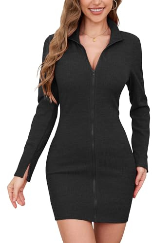 Colisha Robe longue en tricot à manches longues pour femme - Style Bodycon - Mini - Fermeture éclair complète - Noir - Taille plus, # 2 noir., XL