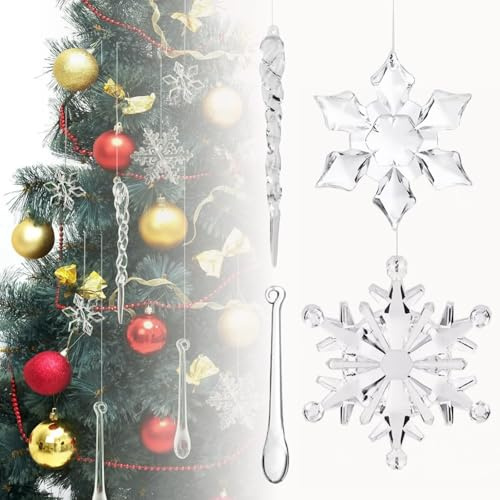 Christmas Tree Decorations, 40Pcs Hanging Snowflakes Ornaments,Pendant with Crystal Icicles for Xmas Tree & Wedding Festival Home Party Event