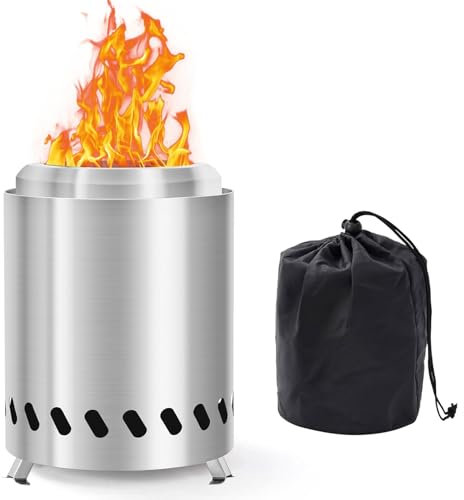 Rauchfreie Tischfeuerstelle aus Edelstahl, Pellet Feuerstelle Stabile Dreiecksstruktur, Feuerschalen mit Tasche, inkl. Alkohol-Brenner, Befeuert mit Pellets oder Holz, für Outdoor, Garten Deko