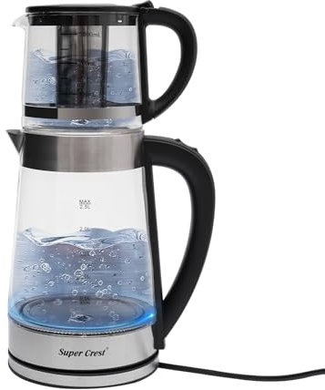 RjcdOPL Bouilloire Électrique Double 2,5 L avec Théière en Verre 1 L, Machine à Thé 1800W, Infuseur Amovible, Arrêt Anti-Sèche Automatique, Pratique pour Famille et Amateur de Thé