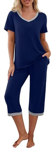 PrinStory Pyjamasset för kvinnor, sovkläder, lounge-kläder, kortärmad t-shirt, capribyxor, med fickor