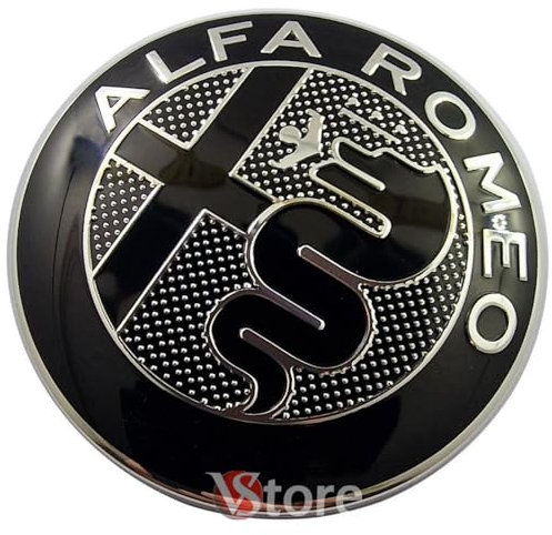 2 Emblems Compatible with Alfa Romeo Car Logo 74 mm Black for Front and Rear Bonnet Emblem Metal Badges