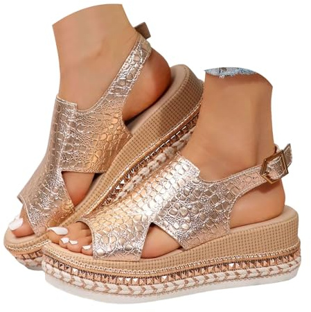 Xbemkste Damen Wedges mit Keilabsatz Sandalen Plateau Espadrilles Elegant Slingback Sandaletten Verstellbare Schnalle Bequeme Weiche Sohle Sommersandalen (Rose Gold, 37.5)