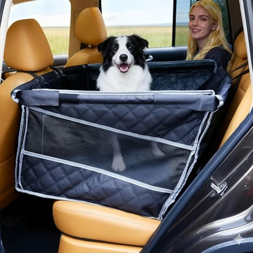 Tranquitas Dog Car Seat for Large Dogs, Back Seat Extender with Mesh Windows, Strong Support Dog Car Seat Cover for Cars, Trucks and SUVs (Black and Silver)