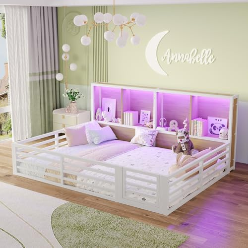 Kinderbett Bodenbett 140x200, Hausbett mit Rausfallschutz&Lattenrost, Montessori Bett mit 4 Staufächer&LED-Beleuchtung&Tür, Doppelbett Gitterbett Metallbett Bettgestell Spielbett, Ohne Matratze, Weiß