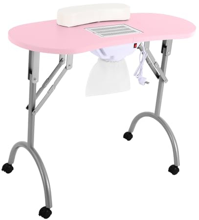 Table de manucure pliable, table de travail multifonctionnelle, table de manucure portable avec roulettes, repose-poignet pour clients et aspirateur, rose