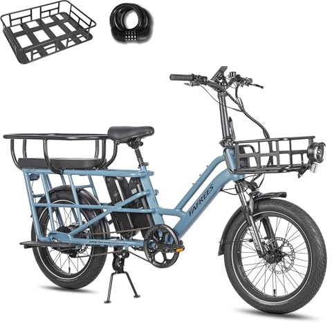 Fafrees FF20 CUV Bicicleta Eléctrica de Carga 20 Pulgadas, Carga 200kg, 2 baterías 12Ah 576Wh, 75N.m, Frenos Hidráulicos, Fatbike Eléctrica para Adultos (Portaequipajes + Sillita Infantil, Azul)