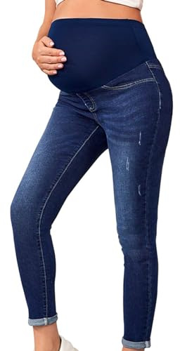 KBOPLEMQ Jean de maternité pour femme - Coupe skinny - Avec bande élastique - Jean de grossesse - Pantalon de grossesse - Extensible - Taille haute - Pantalon en denim - Pantalon long - Jean usé