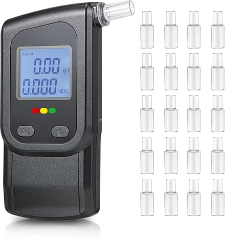Fizzyo Alkoholtester Mit 2 Sensors, Promillemessgerät Alkoholtester Polizeigenau, Professioneller Alkoholmessgerät Mit LCD-Anzeige & 20 Mundstücken, Tragbarer Atem Alkotester Für Privat Professionell