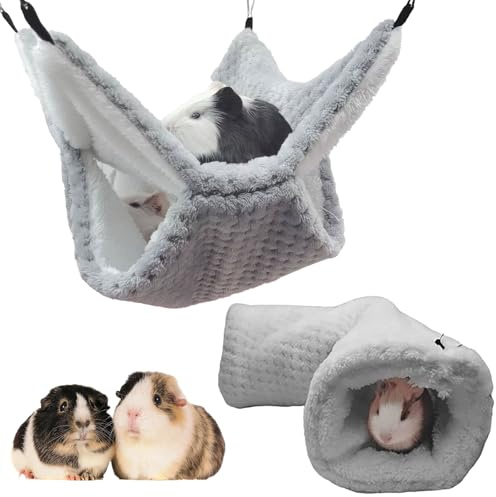 Juego de 2 túneles para hamaca, de doble capa, para hamaca, conejillo de indias, de felpa suave, accesorio para hámster para animales pequeños como hámsters, hurones, chinchillas, ratas (gris-2