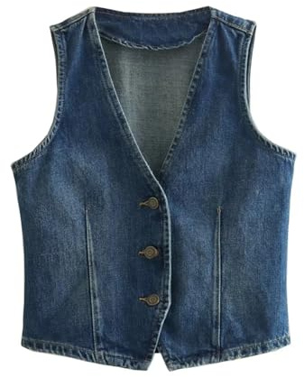 NDSJAIE Gilet en jean pour homme Haut en jean à simple boutonnage et col V for femme, vêtement d'été de style britannique, avec bretelles courtes décorations À porter au quotidien