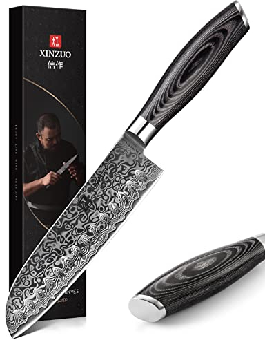 XINZUO Coltello Santoku da Cucina Acciaio Damasco 17,8cm, Professionali Coltello da Cuoco Multifunzione -Adatto per Tagliare Carne, Pesce, Verdura e Frutta -Manico in Legno di Pakka- Ya Serie