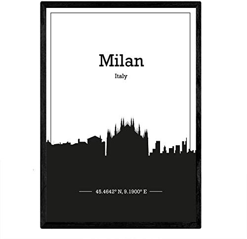 Nacnic Poster mappa di Milano - Italia. Stampe con skyline delle città d'Italia con ombra nera. Dimensione A4 con telaio