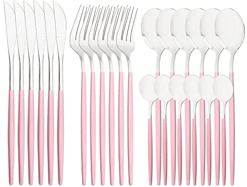 Snplowum Mirror Cutlery Serving Set, 24-piece 18/0 Stainless Steel Silverware With Pink Handle Simple & Modern Tableware For Home Party Restaurant Christmas Dinner, Service For 6 (Pink Silver)