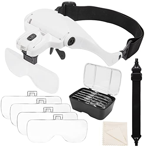 Lupenbrille mit LED Licht Kopfbandlupe Stirnlupe Brillenlupe mit Beleuchtung für Lesen Elektriker Juweliere Nähen Reparatur 5 Wechselobjektive 1x bis 3,5X