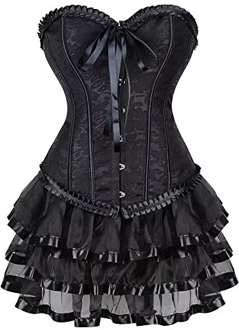 Corset klänning Bustier Overbust kvinnor Sexy Klassisk spets Overlay with Tutu Tulle kjol plus storlek kostym Svart S