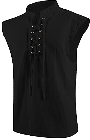 LVCBL Herren Leinen T-Shirt Baumwoll-T-Shirt Hippie Hemden Ärmel Strand Yoga Top Schwarz XL