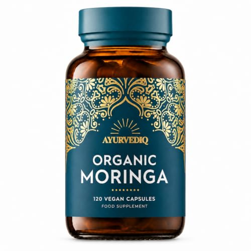 Ayurvediq Wellness Organic Moringa Capsules 500mg, 120 High Strength Moringa Powder Capsules – Soil Association Certified Moringa Oleifera Powder - Vegan Ayurvedic Products