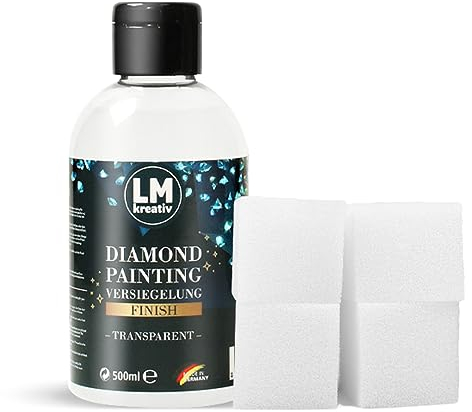 LM-Kreativ Diamond Painting Versiegelung/Kleber 500 ml & 4 Schwämmchen Set - Transparent - Diamant Zubehör. Versiegelung zum Schutz vor Schmutz Staub bei vollem Glitzereffekt