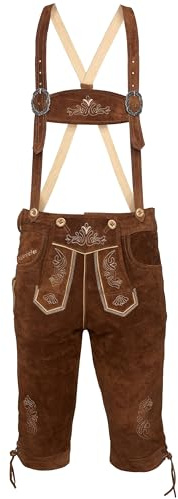 Bavarian Knee-Length Lederhosen for Men - Designed in Germany - Genuine Leather Pants with H-Style Suspenders, Color: Medium Brown, US Size: 28