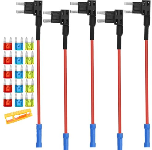 Aiqeer 5 Pezzi 12V / 24V Piccolo Add-a-Circuit Portafusibili, Adattatore Fusibili Auto con 16 AWG Cavo, Gratuito 15 Pezzi Fusibili a Lama Mini e Estrattore di Fusibili (Terminale a Crimpare)