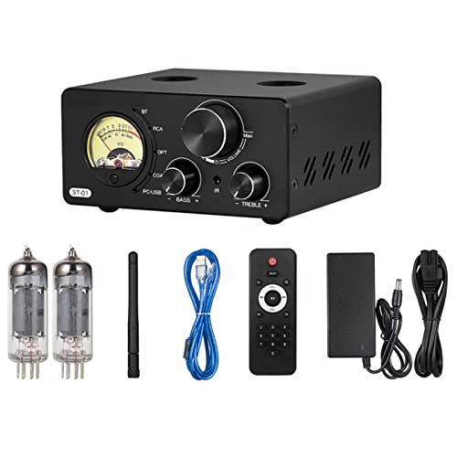 NVYAZJ 2 Channel Vacuum Tube Power Amp, Bluetooth Amplifier with Bass and Treble Control, USB DAC, Coaxial Optical Inputs, VU Meter, Remoter, Stereo Audio Amplifier Receiver for Home Theater