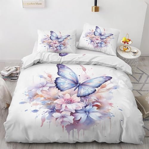 zcwl Schmetterling Bettwäsche 140x200 Sommer, Blumen Aquarell Bettbezug Set 2 teilig, Weiche Kuschelige Mikrofaser Bettwäsche-Sets, Wendebettwäsche und 1 Kissenbezug 70x90 mit Reißverschluss