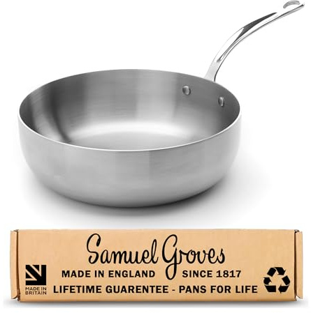 Samuel Groves 28cm Stainless Steel Tri-Ply Chef’s Pan - Long Handle - Fully Clad Professional Cookware, Induction & Oven Safe, Durable Stainless Steel - Made in England, Oldest UK Cookware Company