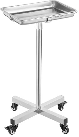 VEVOR Chariot de Laboratoire en Acier Inoxydable, Table de Mayo Charge 16 kg, Assistant Muet Hauteur Réglable 84-132,5 cm, Plateau Médical Amovible, pour Stockage des Matériels Clinique Salon Tatouage