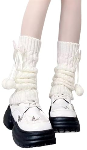 Fexofao Y2k Leg Warmer Cutecore Knee High Socks with Bow and Fur Ball Winter Cute Lolita Leg Warmers Streetwear
