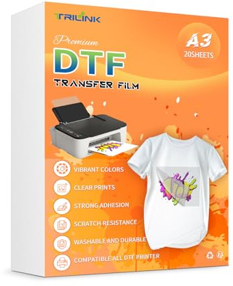 TRILINK DTF Papier Transfert A3 (29,7 x 42 cm) - 20 Feuilles Film de Transfert PET Direct-to-Film pour Imprimantes DTF - Convient pour le Coton et les Textiles - Idéal pour l'Impression sur T-Shirts