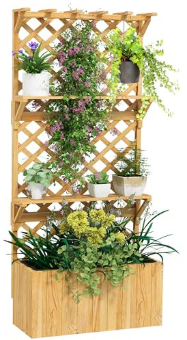 Outsunny Hochbeet mit Spalier, Blumenhochbeet aus Tanneholz, Pflanzbeet mit Rankgitter, Frühbeet mit Regale, Gartenbeet Pflanzkübel Pflanzkasten für Terrasse, Garten, 76 x 33 x 177 cm