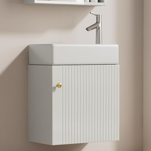 KAZZIO Badezimmermöbel Waschbecken mit Waschtischunterschrank 46cm, Waschtischunterschrank hängend, Kleine Gästebadmöbel (Weiß)
