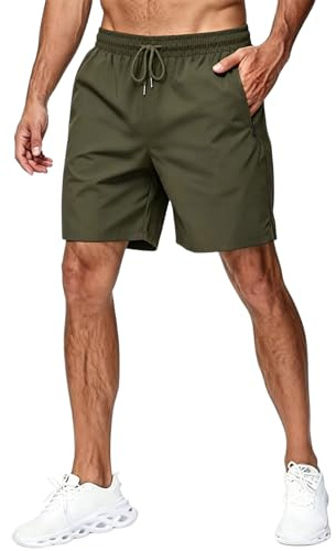 NLAND Sportshorts för män, snabbtorkande sportshorts med fickor sommar strand korta byxor, grön, M