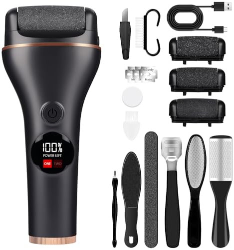 BUTBU Pedicure Elettrico Professionale Pied, Ricaricabile Set Cura del Piede, con 3 Rulli di Ricambio, con Display a LED, per Piedi Togli Calli, Professionale Esfoliante(Nero)