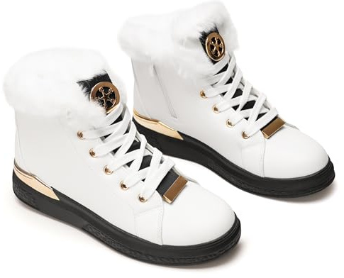 Caldi stivali invernali da donna – scarpe da ginnastica antiscivolo con fodera in pelliccia sintetica, cerniera interna, impermeabili, comodi stivaletti, scarpe con lacci per l'esterno-Black White-39