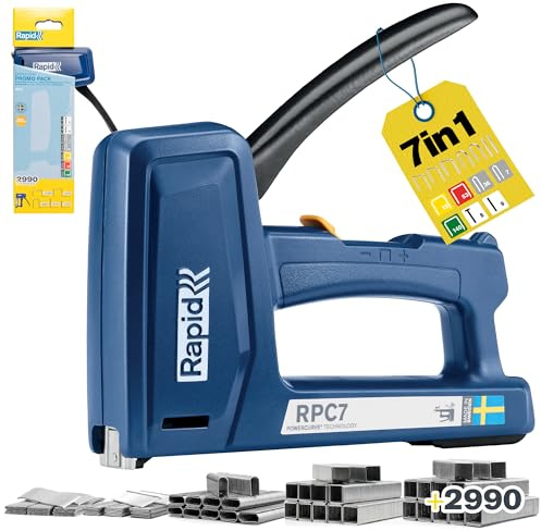 Rapid RPC7 Graffatrice Manuale 7 in 1 con 2990 Graffe e Chiodini, per il Fissaggio di Tappezzeria, Cavi e Moquette su Pareti in Legno, Tecnologia PowerCurve 50% Meno Faticosa, Realizzata in Svezia